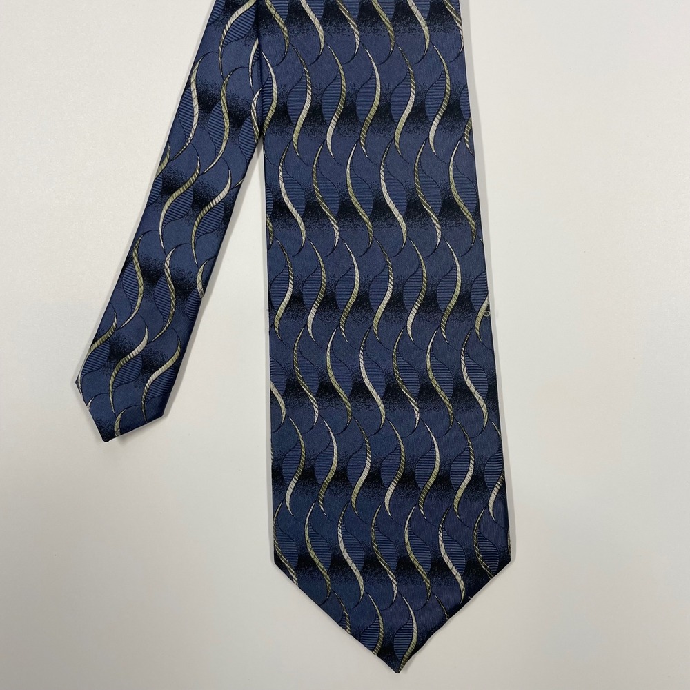 David Taylor Navy Blue Gold Wavy Geometric Silk Necktie Mens OS